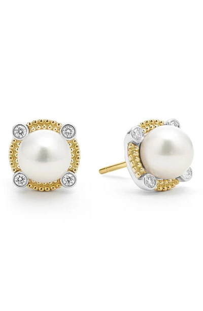 Lagos 18k Yellow Gold & Sterling Silver Luna Cultured Freshwater Pearl & Diamond Stud Earrings In White/gold