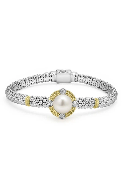Lagos 18k Yellow Gold & Sterling Silver Luna Cultured Freshwater Pearl & Diamond Caviar Bead Bracelet In White/silver