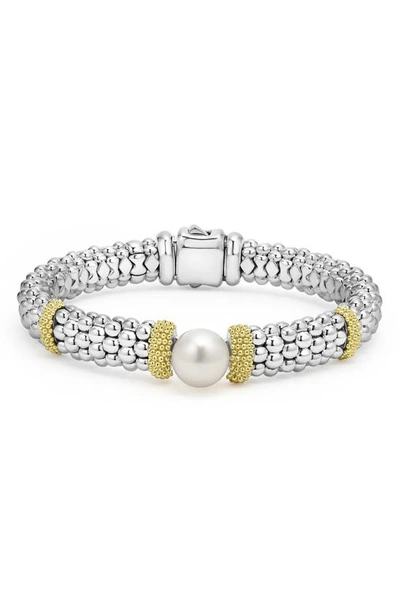 Lagos 18k Yellow Gold & Sterling Silver Luna Cultured Freshwater Pearl Caviar Bead Bracelet In White/silver