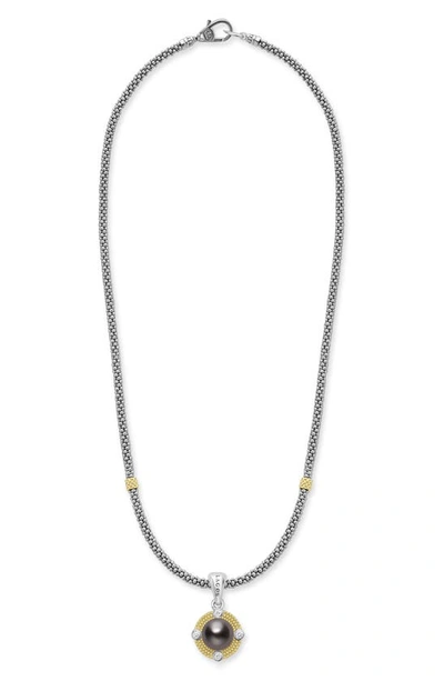 Lagos 18k Yellow Gold & Sterling Silver Luna Black Tahitian Pearl & Diamond Pendant Necklace, 16