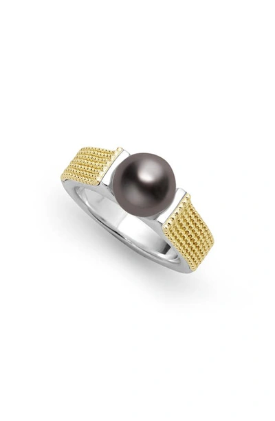 Lagos 18k Yellow Gold & Sterling Silver Luna Black Tahitian Pearl Caviar Bead Ring In Black/gold