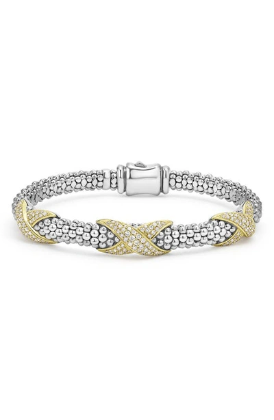 Lagos 18k Yellow Gold & Sterling Silver Embrace Diamond Pave X Station Caviar Bead Bracelet In Silver/gold