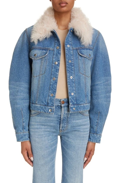 Chloé Shearling-collar Denim Jacket - Women's - Cotton/sheep Skin/shearling/silk/hemppolyester In Foggy_blue