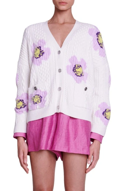 Maje Floral-intarsia Cable-knit Cardigan In Ecru