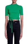 Maje Moseanne Rib Tie Waist Crop Sweater In Green