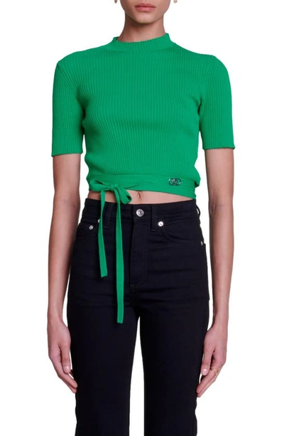 Maje Moseanne Rib Tie Waist Crop Sweater In Green