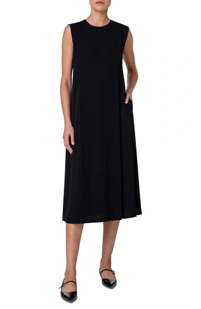 Akris Side-pleat Sleeveless Crepe Midi Dress In Black