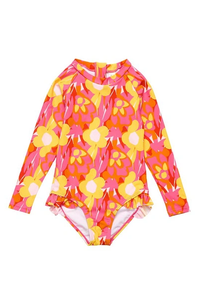 Snapper Rock Kids' Pop Of Sunshine Long Sleeve One-piece Rashguard Swimsuit In Pink