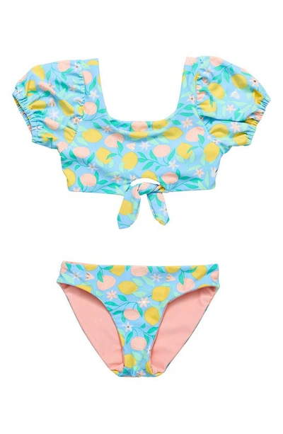 Snapper Rock Kids' Lemon Drops Puff Sleeve Knot Front Two-piece Swimsuit In Open Miscellaneous