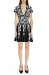 Balmain Short-sleeve Python Jacquard-knit Skater Dress In Eab Black/ White