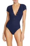 Robin Piccone Amy Plunge Neck Short Sleeve One-piece Swimsuit In Navy