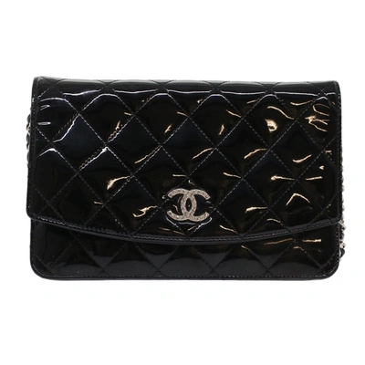 Pre-owned Chanel Wallet On Chain Black Patent Leather Wallet  ()