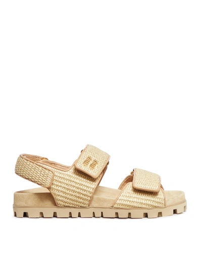 Miu Miu Raffia Sandals In Nude & Neutrals