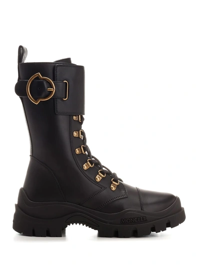 Moncler Emblem Buckle Leather Lace-up Boots In Black