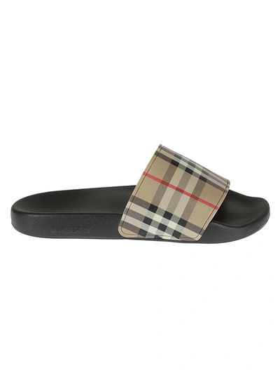 Burberry Check Pool Sliders In Archive Beige