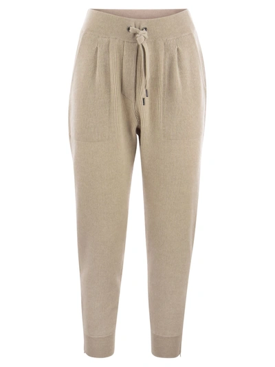 Brunello Cucinelli Knit Trousers In Cashmere English Rib With Zip On Bottom In Beige