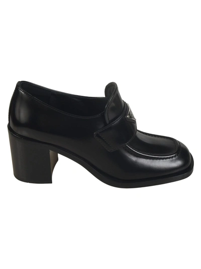 Prada Block Heel Logo Plaque Boots In Black