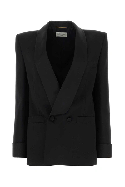 Saint Laurent Double-breasted Long-sleeved Jacket In Black