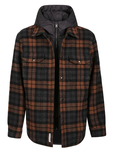 Woolrich Detachable Hhod Down Overshirt Jacket In Black/brown