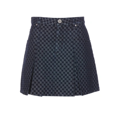 Balmain Monogram Check Denim Pleated Flare Mini Skirt In Blue