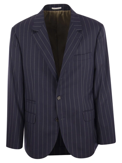 Brunello Cucinelli Jacket In Virgin Wool Wide Pinstripe Batavia In Blue