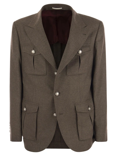 Brunello Cucinelli Deconstructed Wool, Silk And Cashmere Diagonal Jacket With Saharan Style Pockets In Brown
