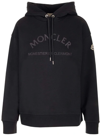 Moncler Logo Cotton Blend Hoodie In Black