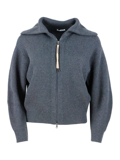 Brunello Cucinelli Full Zip Sweater Made Of Fine And Refined Cashmere With English Rib Workmanship Embellished With A Z In Grey