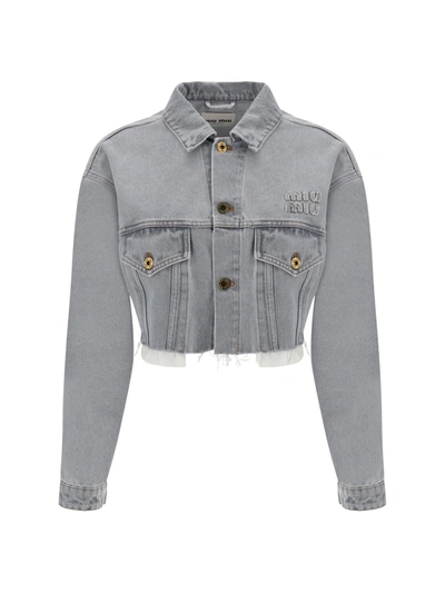 Miu Miu Cropped Denim Jacket In Grigio