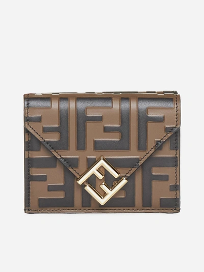Fendi Ff Leather Mini Trifold Wallet In Marrone