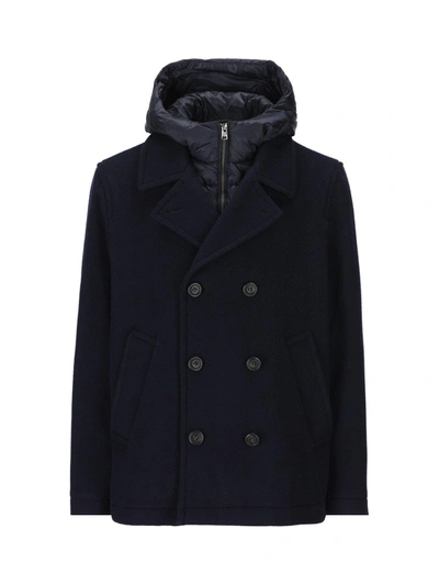 Woolrich Double Breasted Hooded Coat In A Melton Blue A