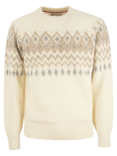 Brunello Cucinelli Icelandic Jacquard Buttoned Sweater In Alpaca, Cotton And Wool In Panama/grey/sand
