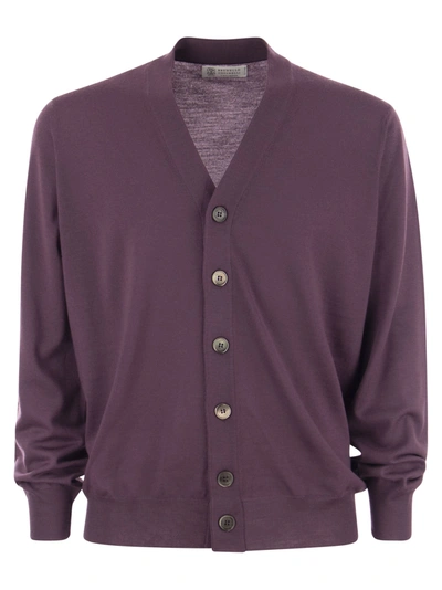 Brunello Cucinelli Lightweight Virgin Wool And Cashmere Cardigan In Purple