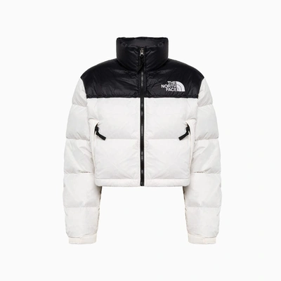 The North Face Nuptse Logo Embroidered Cropped Puffer Jacket In Grdniawht/tnfbk