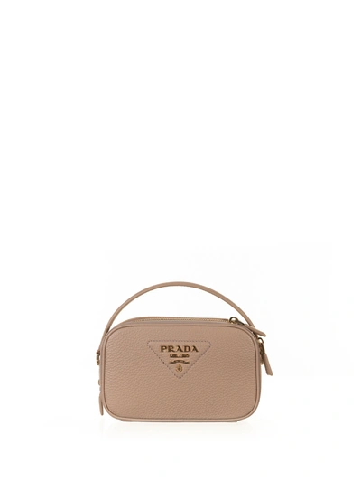 Prada Leather Mini Bag With Shoulder Strap And Logo In Sabbia
