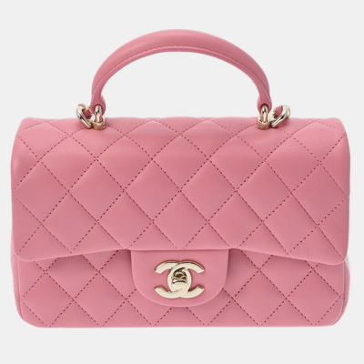 Pre-owned Chanel Pink Leather Top Handle Mini Flap Bag