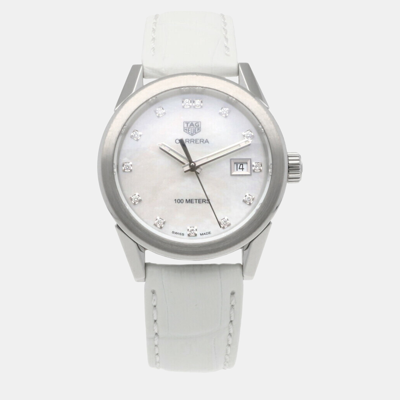 Pre-owned Tag Heuer White Shell Stainless Steel Carrera Wbg1312 Quartz Women's Wristwatch 36 Mm