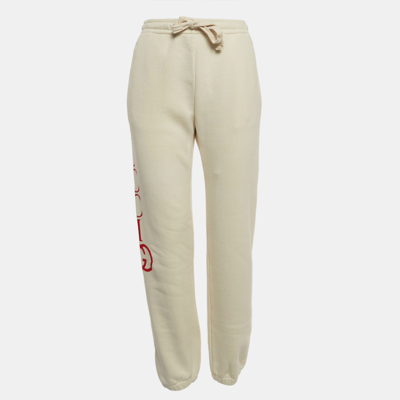 Pre-owned Gucci Off White Logo Print Cotton Joggers S