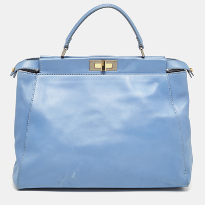 Pre-owned Fendi Blue Leather Large Peekaboo Top Handle Bag
