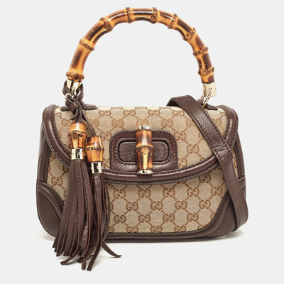 Pre-owned Gucci Beige/brown Gg Canvas And Leather Tassel New Bamboo Top Handle Bag