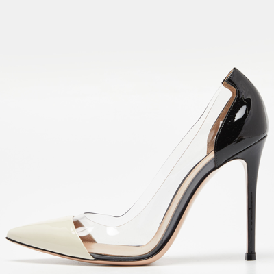 Pre-owned Gianvito Rossi White/black Patent Leather And Pvc Plexi Pointed Toe Pumps Size 40