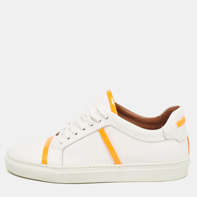 Pre-owned Malone Souliers White/neon Orange Leather And Patent Deon Trainers Size 37