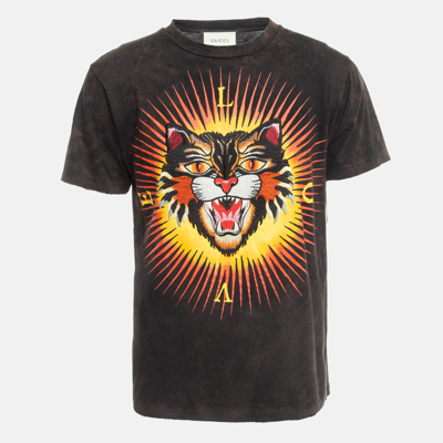Pre-owned Gucci Brown Tiger Motif Applique Cotton Crew Neck T-shirt Xs