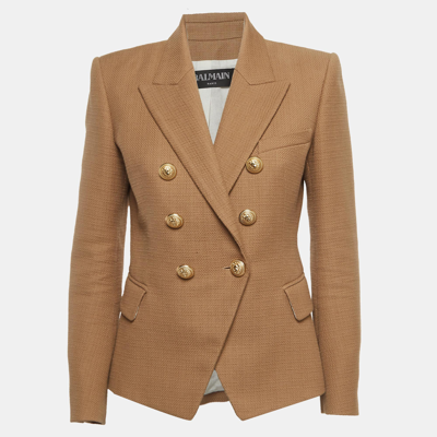 Pre-owned Balmain Beige Textured Cotton Double-breasted Blazer M