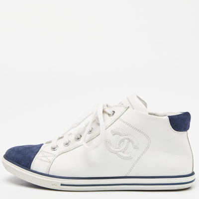 Pre-owned Chanel White/blue Leather And Suede Lace Up High Top Sneakers Size 36