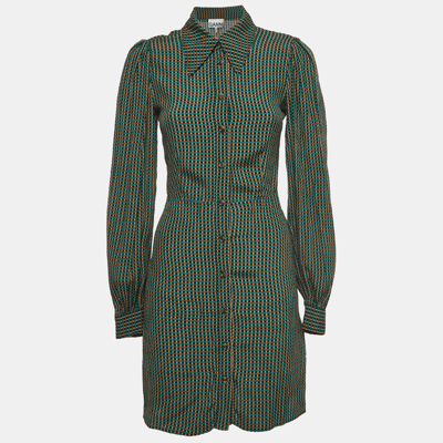 Pre-owned Ganni Green Check Print Viscose Shirt Dress Xxs