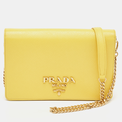 Pre-owned Prada Yellow Saffiano Lux Leather Mini Flap Crossbody Bag