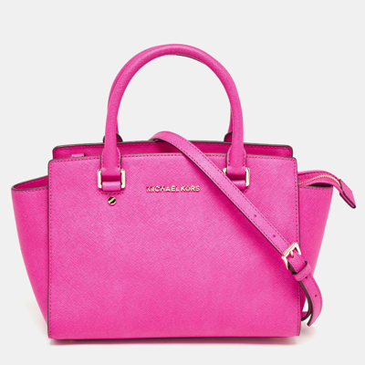 Pre-owned Michael Kors Magenta Saffiano Leather Medium Selma Tote In Pink