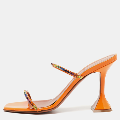 Pre-owned Amina Muaddi Orange Crystal Embellished Satin Glida Slide Sandals Size 40
