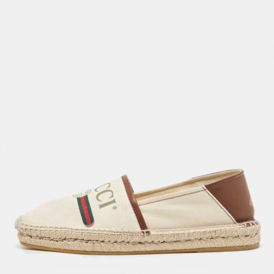 Pre-owned Gucci White/brown Leather And Canvas Espadrille Flats Size 40 In Cream